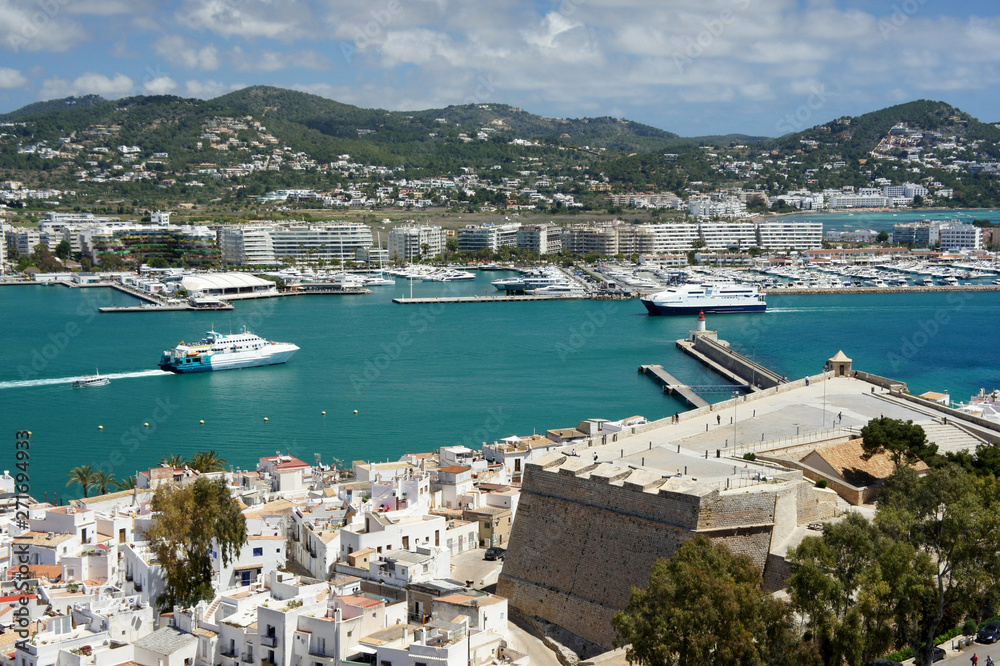 Panoramic view of Eivissa from the fortress wall. Ibiza Island Spain.
