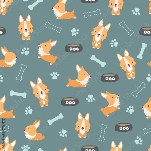 Seamless pattern with corgy/ corgi welsh. Kawaii characters. Dog/ puppy vector illustration. Design for textile, fabric, decoration, wallpaper, wrapping, scrapbook and packaging.