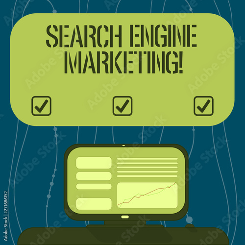 Text sign showing Search Engine Marketing. Conceptual photo promotion of websites by increasing their visibility Mounted Computer Screen with Line Graph on Desk Blank Color Text Box