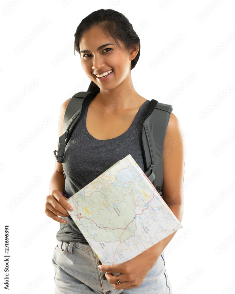Smiling woman traveler with backpack holding wold map looking camera on white background, travel concept, isolated concept. Smiling woman traveler with backpack holding wold map looking camera on white background, travel concept, isolated concept.