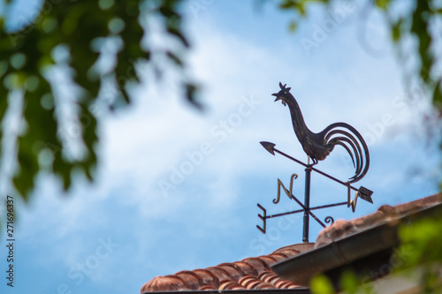 rooster weather vane on roof of house 