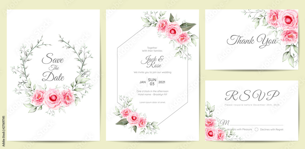 Elegant Watercolor Floral Wedding Invitation Cards Template. Hand Drawing Flower and Branches Save the Date, Greeting, Thank You, and RSVP Cards Multipurpose