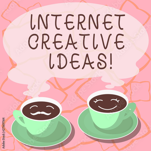 Conceptual hand writing showing Internet Creative Ideas. Business photo showcasing ability to make new things or think of new ideas Cup Saucer for His and Hers Coffee Face icon with Steam