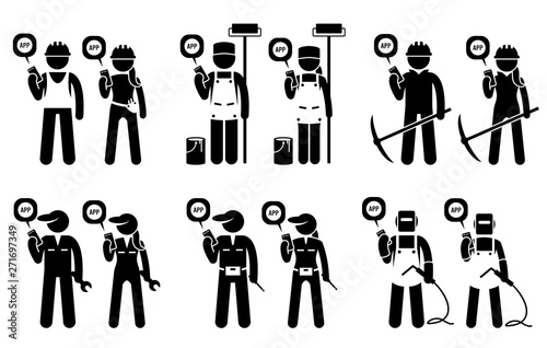 Industrial, construction, builders, and mining workers using mobile app for their jobs. Vector artwork depicts construction worker, painter, miner, technician, mechanic, and welder use smartphone app.
