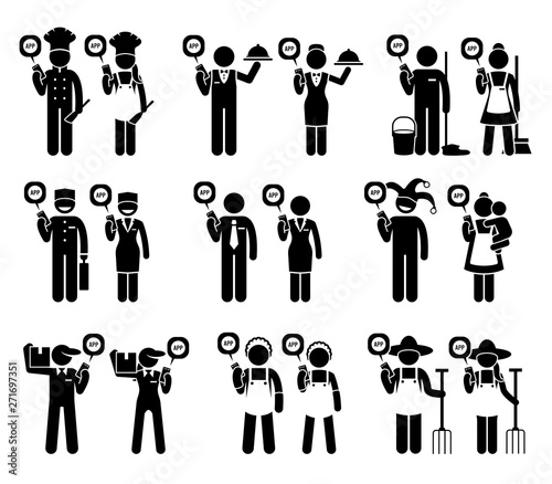 Different jobs, occupations, and people from various industries using mobile app for their work. Chef, waiter, janitor, nanny, maid, postal service, factory workers, and farmer using smartphone app.