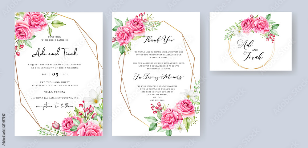 watercolor floral and leaves wedding and invitation card template