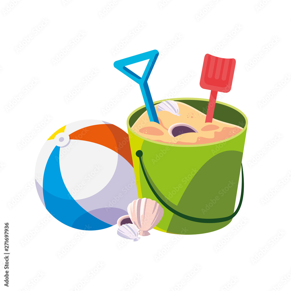 Obraz premium beach plastic balloon with sand bucket and shovels