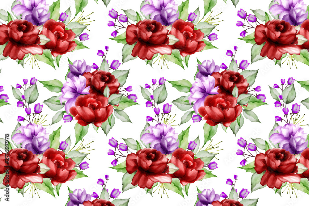 watercolor floral and leaves seamless pattern