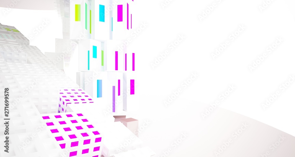 Fototapeta premium Abstract white and colored interior multilevel public space with window. 3D illustration and rendering.