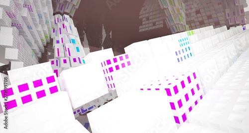 Abstract white and colored interior multilevel public space with window. 3D illustration and rendering.