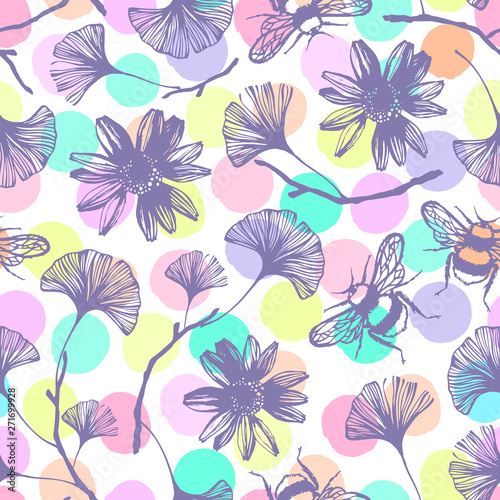 Seamless pattern with ginkgo leaves and flowers.