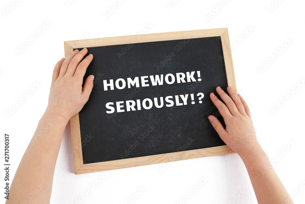 The issue of homework for children depicted with child hands and chalkboard with text isolated on white background