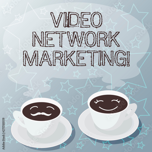 Handwriting text writing Video Network Marketing. Concept meaning Engaging video into your marketing campaign Sets of Cup Saucer for His and Hers Coffee Face icon with Blank Steam