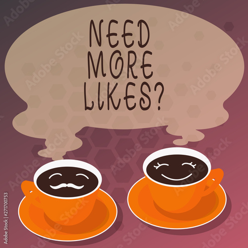 Word writing text Need More Likesquestion. Business concept for Asking if need more like in social media platform Sets of Cup Saucer for His and Hers Coffee Face icon with Blank Steam