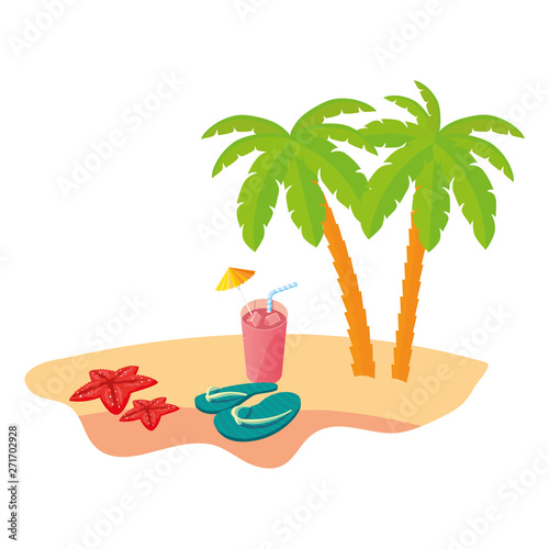 summer beach scene with tree palms and flip flops