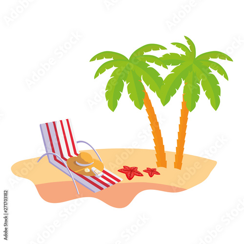 summer beach scene with tree palms and chair