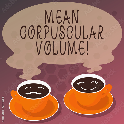 Word writing text Mean Corpuscular Volume. Business concept for average volume of a red blood corpuscle measurement Sets of Cup Saucer for His and Hers Coffee Face icon with Blank Steam