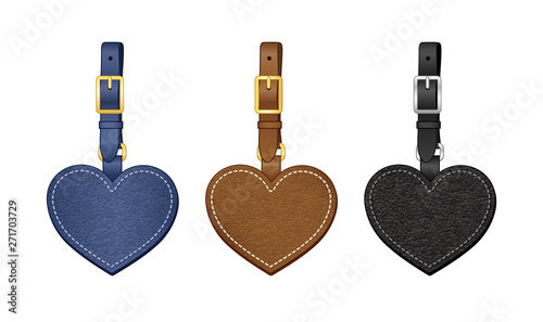 heart shaped bag charms set, leather heart shaped tags with detachable strap, vector illustration sketch template