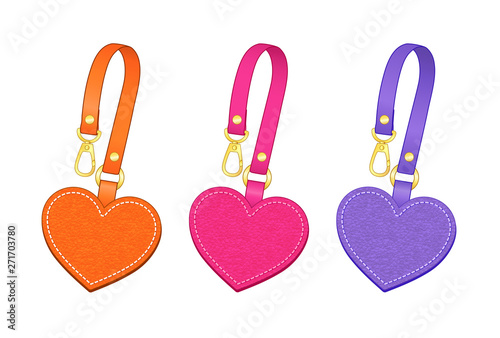heart shaped key chains set, leather bag charms, leather heart shaped tags with detachable strap, vector illustration sketch template