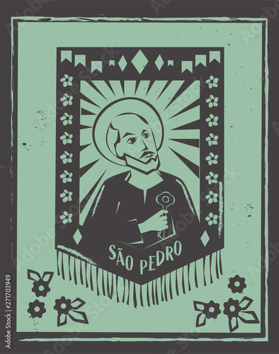 Sao Pedro (Saint Peter) illustration for Festa Junina decoratio vector. Brazilian woodcut style. 