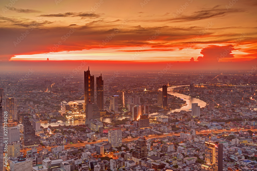 View of Bangkok city sunset Chao Phraya River.      