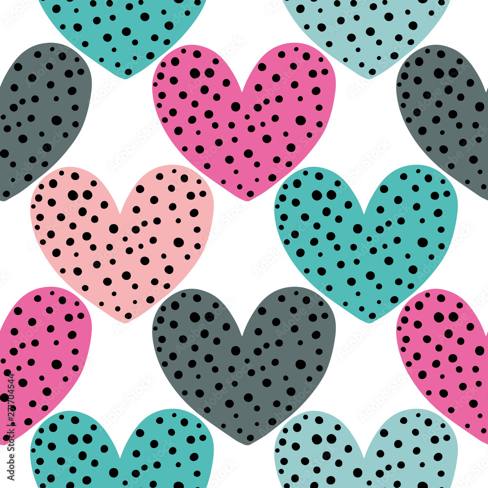 Hearts with black dots seamless pattern, vector design for wrapping paper, textile, background fill design.. Hearts with black dots seamless pattern, vector design for wrapping paper, textile, background fill design..