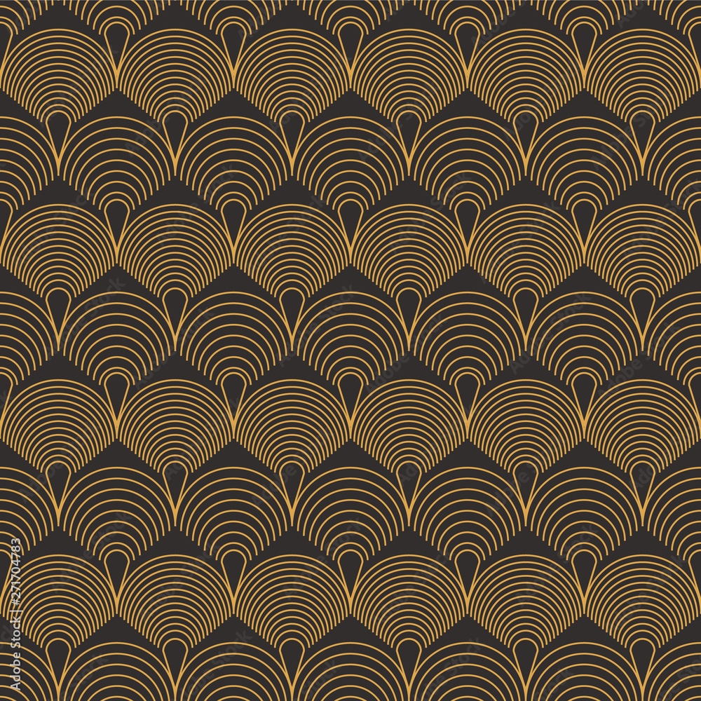 Art Deco seamless luxury geometric pattern. Golden lined shape. Vector Leaves stylish background. Abstract sea shell illustration. Art Deco seamless luxury geometric pattern. Golden lined shape. Vector Leaves stylish background. Abstract sea shell illustration.