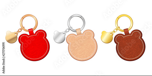 Bear head shape key chains set, bear head metal pendants and leather tags, vector illustration sketch template