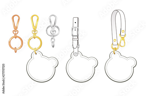 Blank Bear head shaped key chains/ bag charms set, bear head tags with detachable strap, vector illustration sketch template