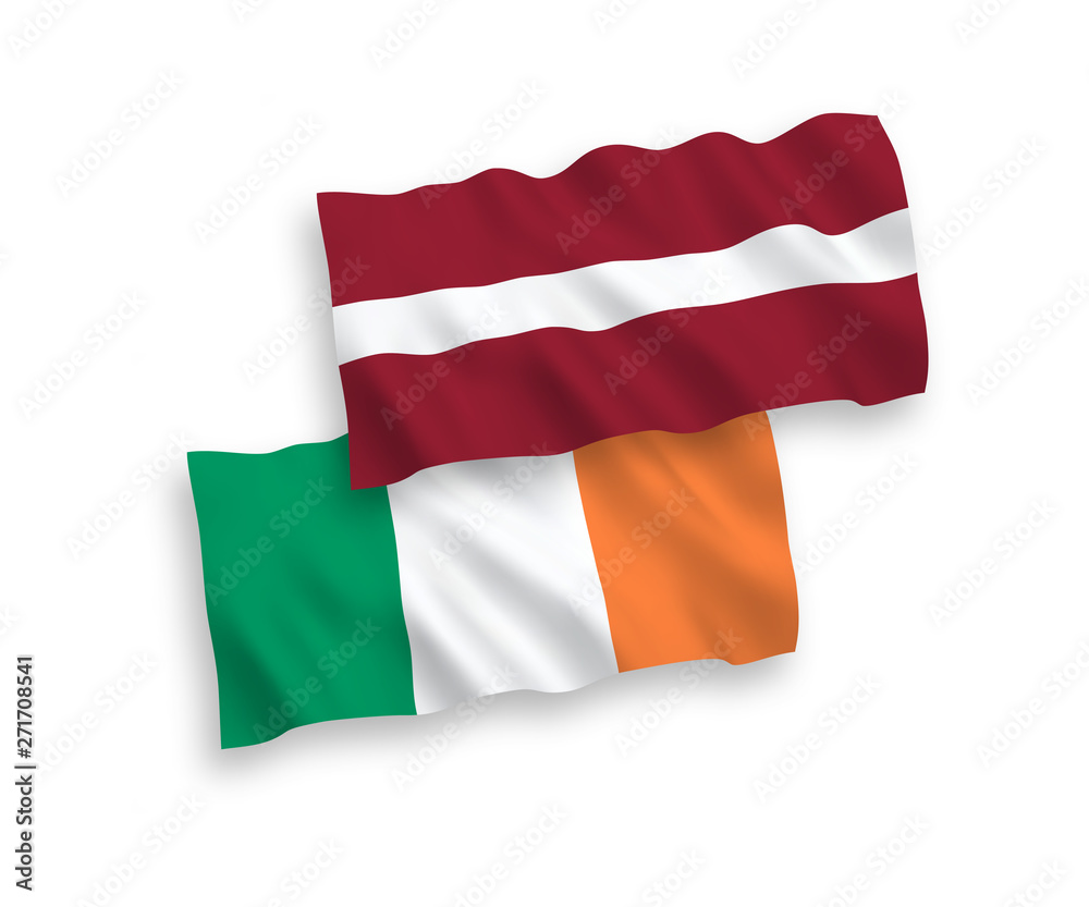 National vector fabric wave flags of Latvia and Ireland isolated on white background. 1 to 2 proportion.
