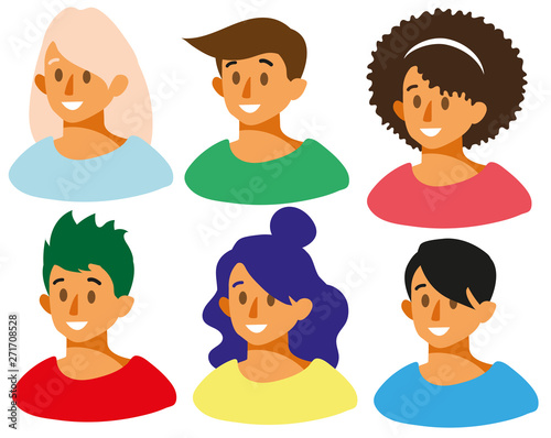 A set of smiling faces. Facial expression. Girl Avatar. Boy Avatar. Set with the smiling faces of guys and girls. Vector illustration flat design.