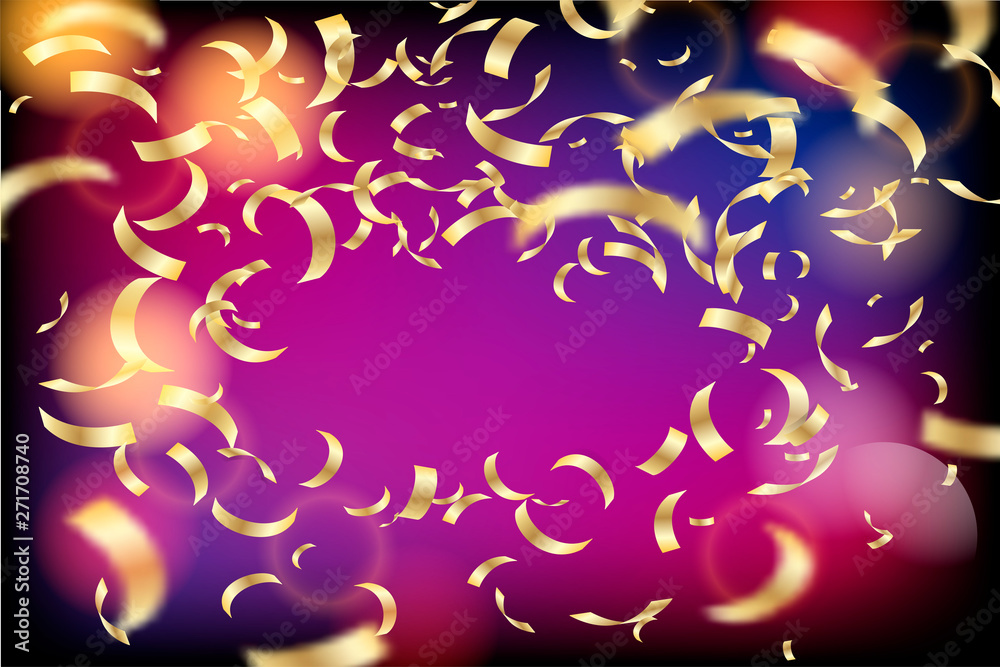Vector falling golden confetti, realistic serpentine or flying tinsel for new year, birthday, festival party or any celebration and event design, holiday invitation. On blurred colorful background
