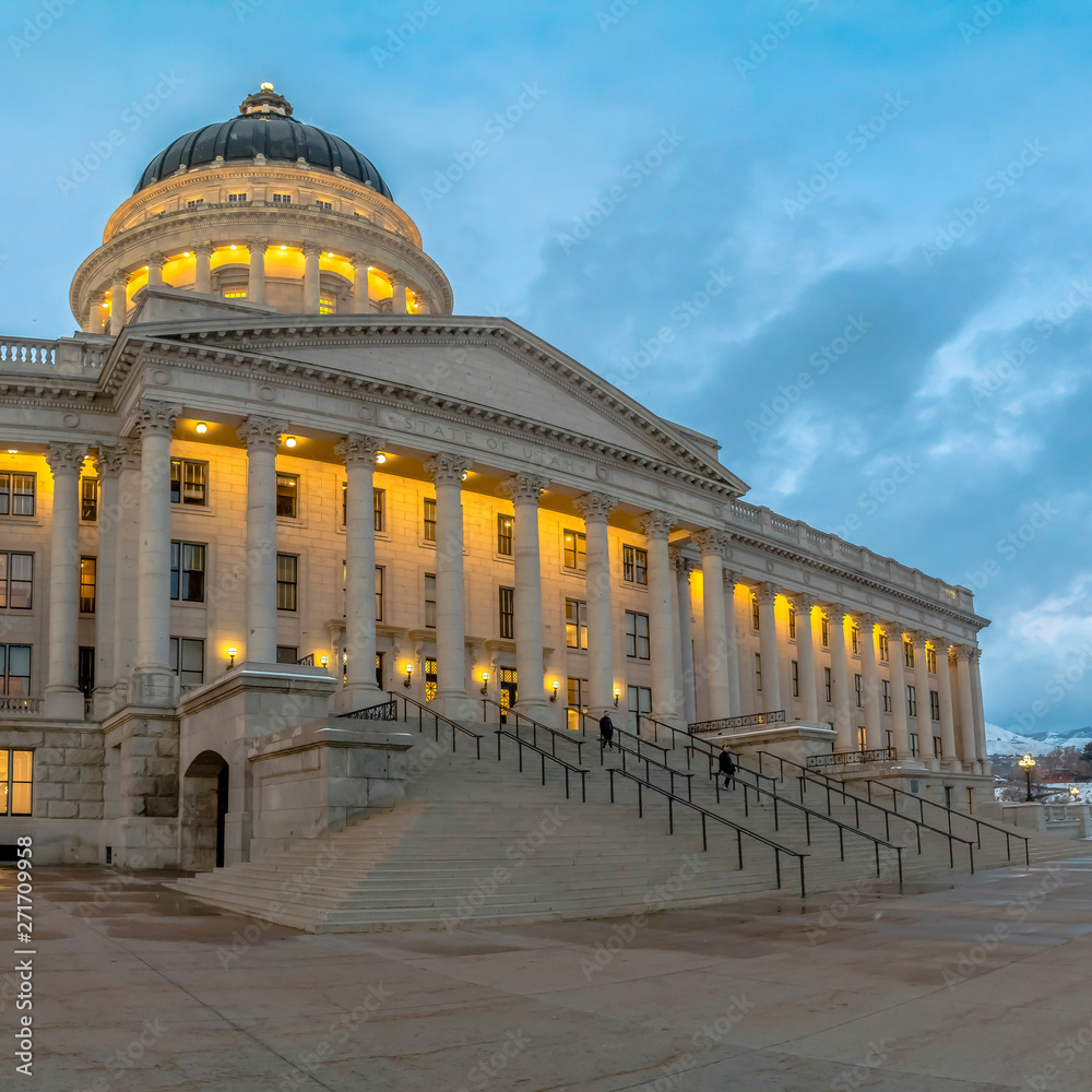 Frame Square Panorama of the grand Utah State Capital Building illuminated with warm lights