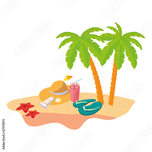 summer beach scene with tree palms and straw hat