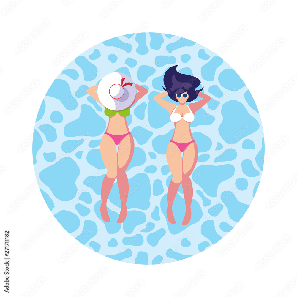 beautiful girls couple with swimsuits floating in water