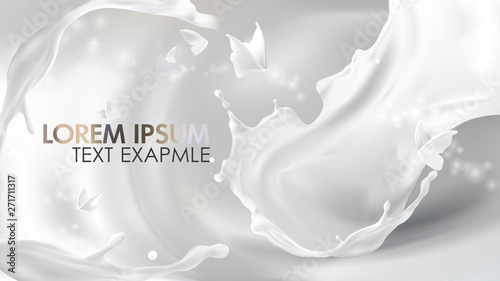 Milk pouring splash swirl shape and white liquid silhouettes of flying butterflies isolated on shining background. Design element for advertising and packaging of natural dairy products or cosmetics