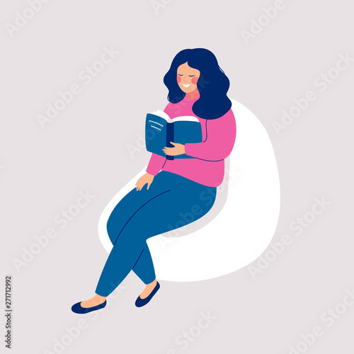 Smiling girl with book sits in the beanbag chair. Human character vector illustration.