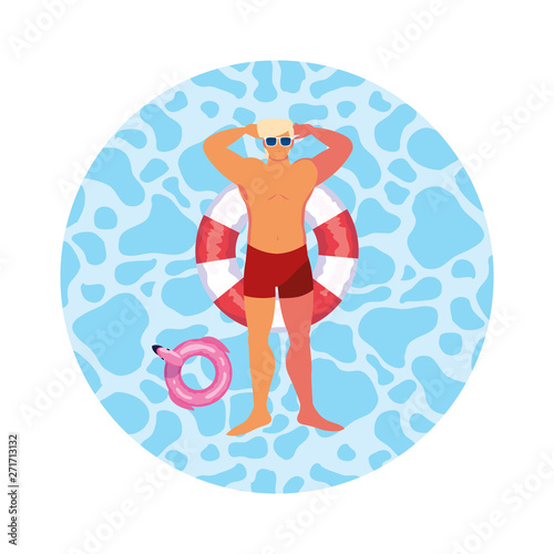 young man with swimsuit and float lifeguard in water