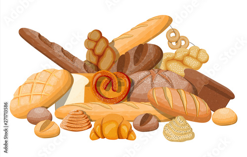 Big bread icons set. Whole grain, wheat and rye bread, toast, pretzel, ciabatta, croissant, bagel, french baguette, cinnamon bun. Vector illustration in flat style