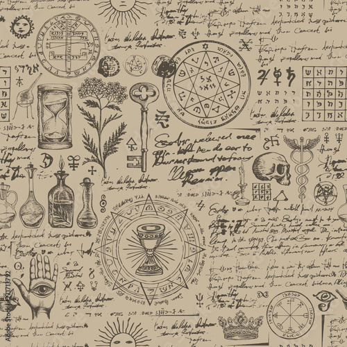 Vector seamless background on the theme of alchemy, medicine, magic, witchcraft and mysticism with various esoteric and occult symbols. Medieval manuscript with sketches and notes in retro style © paseven