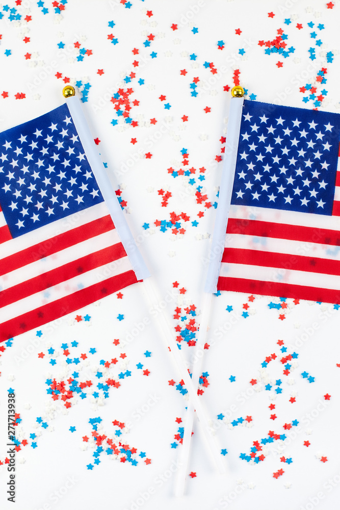 American flags on white background top view American flags on white background top view