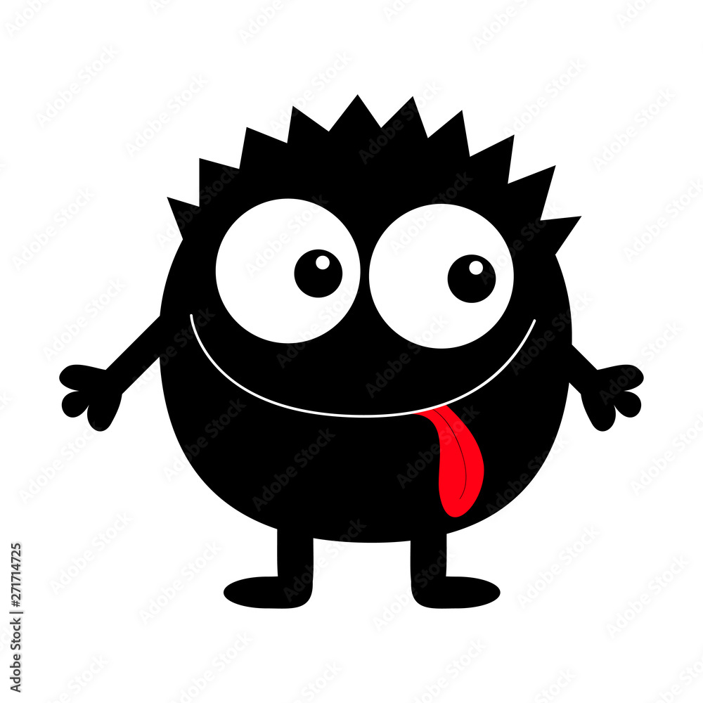 Monster black round silhouette. Two eyes, tongue, hands. Cute cartoon  kawaii scary funny character. Baby  Halloween. White  background. Isolated. Flat design. Stock Vector | Adobe Stock