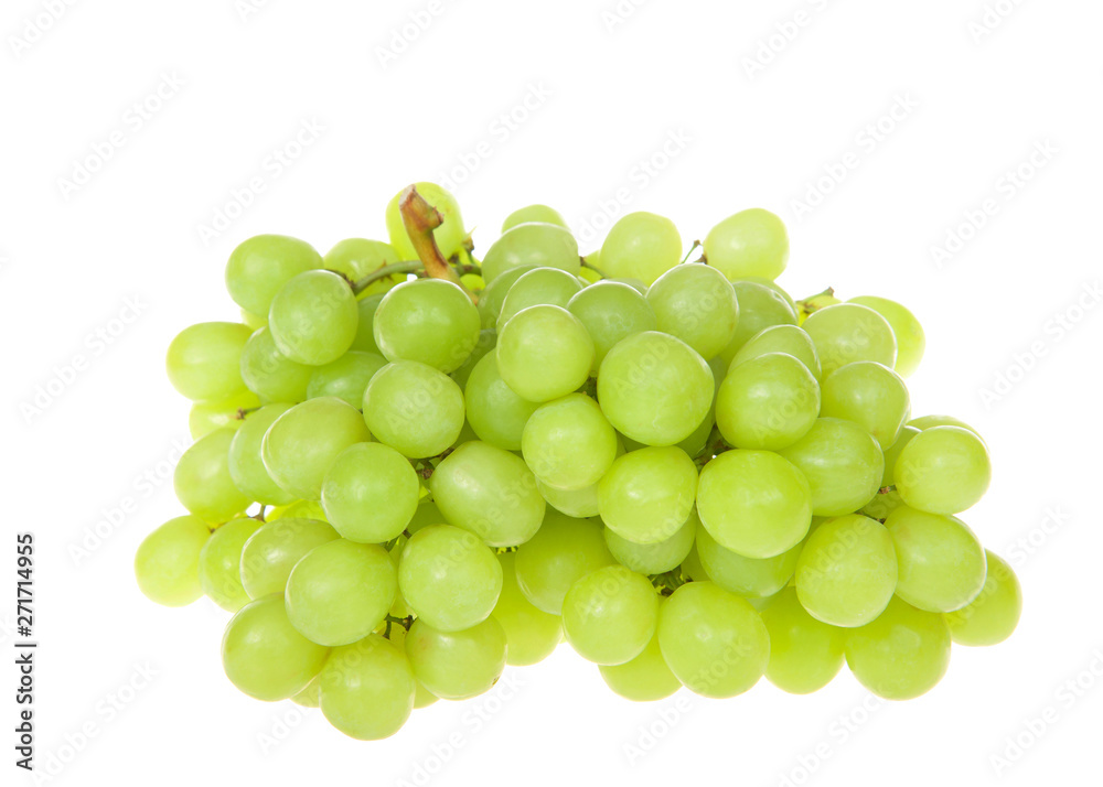 bunch of green grapes isolated on white.  Grapes can be eaten fresh, or they can be used for making wine, jam, juice, jelly, raisins and a variety of other products.