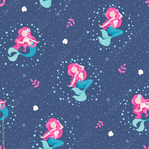 Dark blue mermaid pattern for kids fashion artwork, children books, prints and fabrics or wallpapers. Girl print. Design for kids. Fashion illustration drawing in modern style for clothes.
