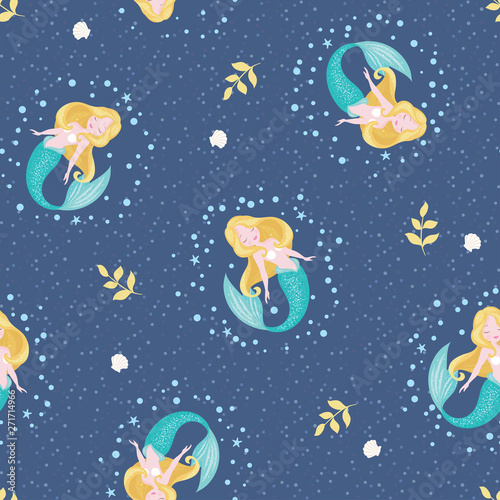 Dark blue mermaid pattern for kids. Mermaids are real text. Girl print. Fashion illustration drawing in modern style for clothes. Design for kids.