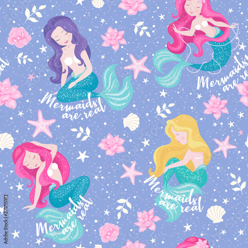 Lavender mermaid pattern. Mermaid sisters set. For kids t-shirts, fashion artwork, children books, prints and fabrics or wallpapers. Girl print. Fashion illustration drawing in modern style