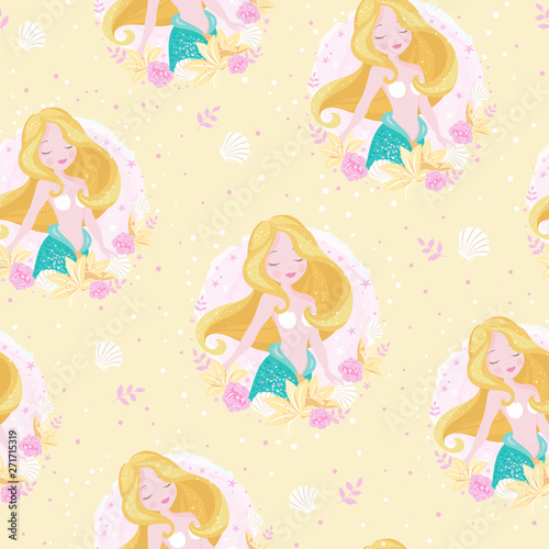 Mermaid pattern on yellow background. For kids fashion artwork, children books, prints and fabrics or wallpapers. Girl print. Design for kids. Fashion illustration drawing in modern style for clothes.