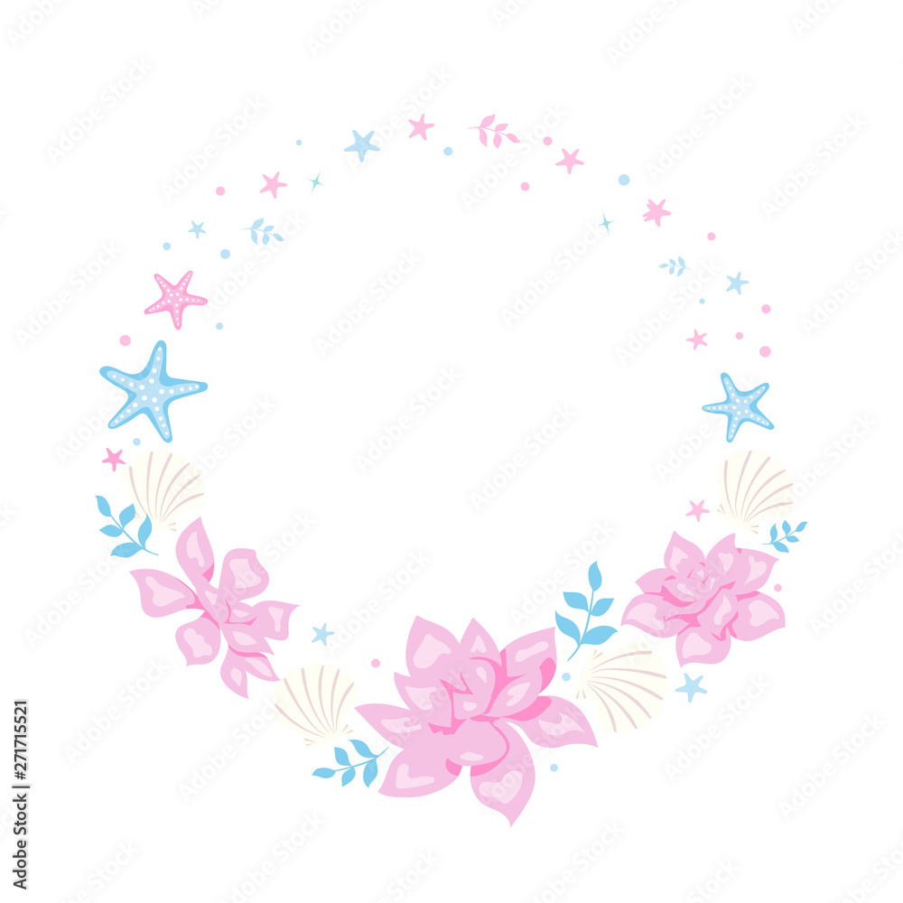Romantic frame with pink flowers, sea stars, shells and leaves. Floral Frame for romantic design.