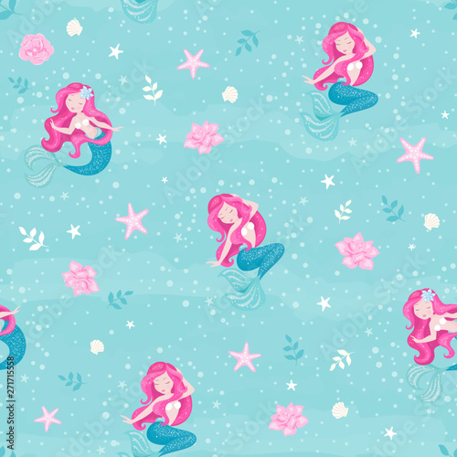 Turquoise mermaid pattern for kids fashion artwork, children books, prints and fabrics or wallpapers. Girl print. Design for kids. Fashion illustration drawing in modern style for clothes