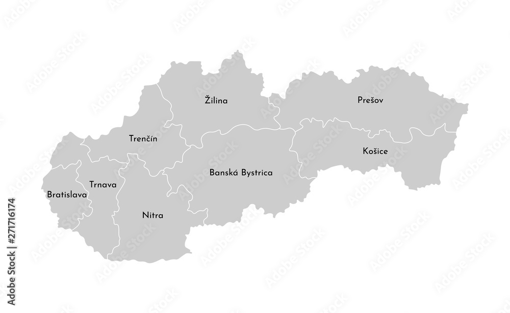 Vector isolated illustration of simplified administrative map of Slovakia. Borders and names of the provinces (regions). Grey silhouettes. White outline